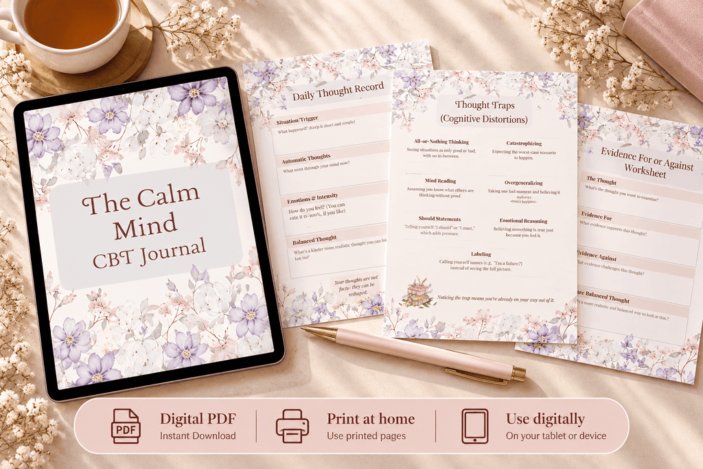 What If Your Thoughts Aren't Telling You the Whole Story? 5 Calm Mind CBT Journal Mockup 1