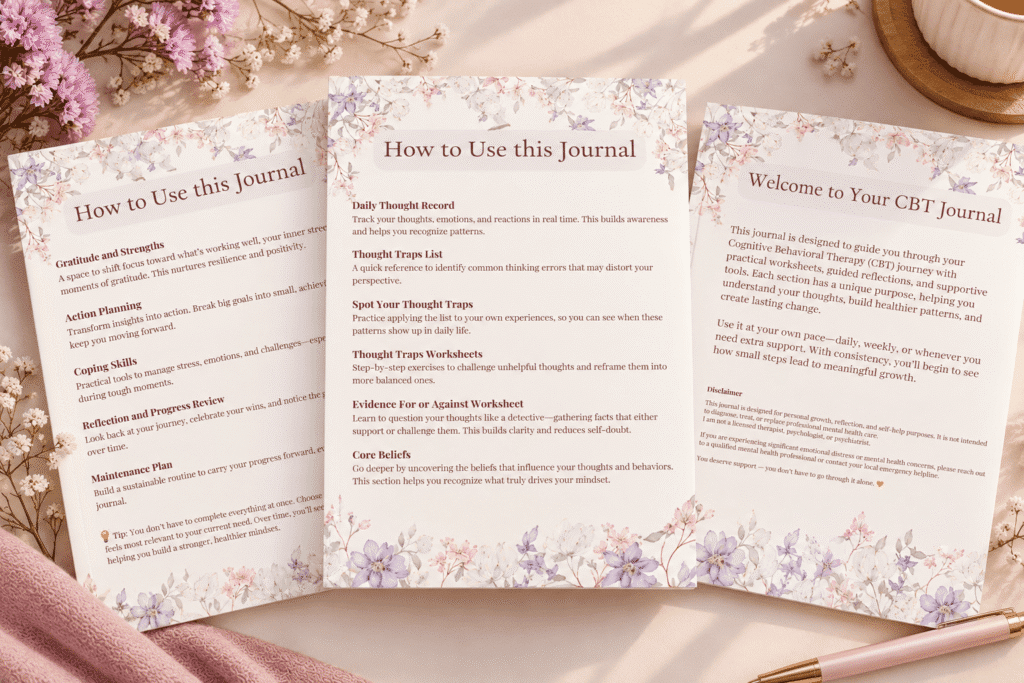 What If Your Thoughts Aren't Telling You the Whole Story? 4 Cozy Floral CBT Journal Flat Lay 1