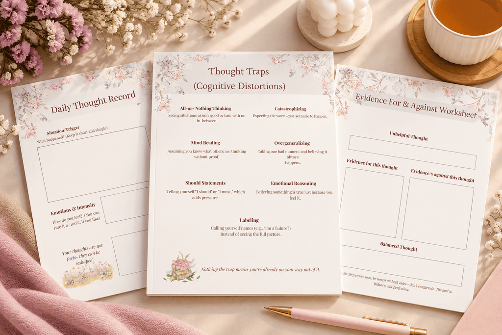 What If Your Thoughts Aren't Telling You the Whole Story? 3 Pastel Thought Traps Workbook Flatlay 1